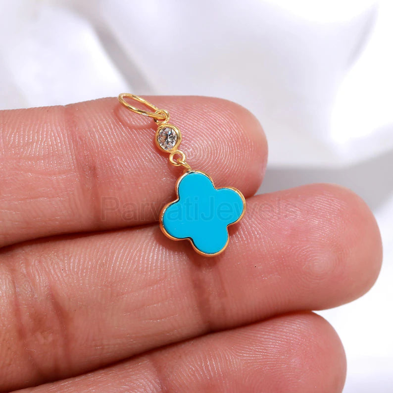 Natural Sleeping Beauty Turquoise Moissanite Charm, Solid 18K gold charm, Handmade Gold Charm, Moissanite Charm Pendant, Charm Necklace,