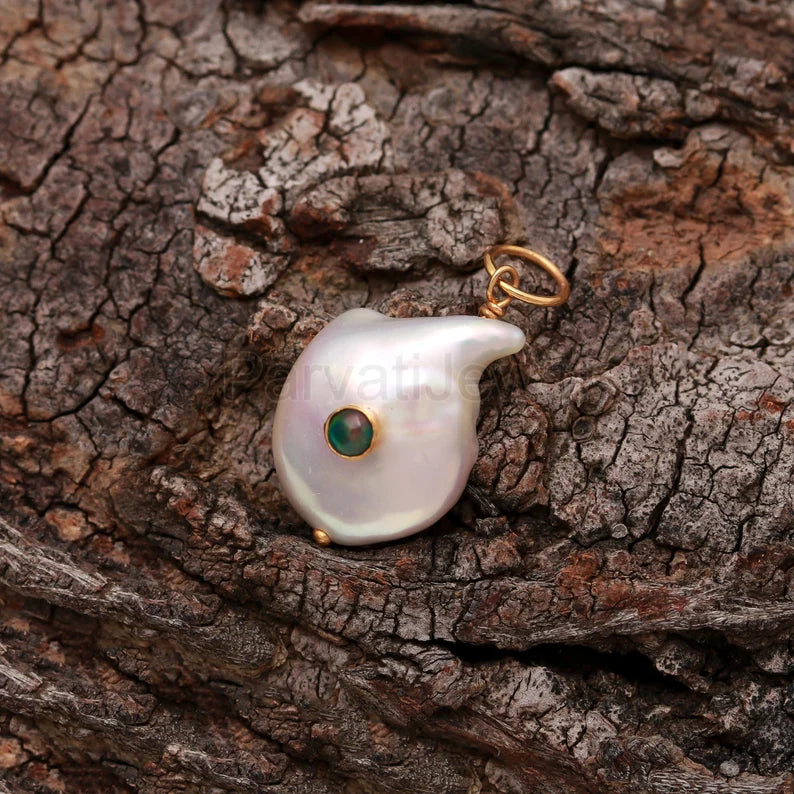Natural Ethiopian Opal Pave Baroque Pearl Charm, 18k Solid Gold Charm, Natural Pearl Gold Charm, Pearl Charm Necklace, Pearl Charm Pendant