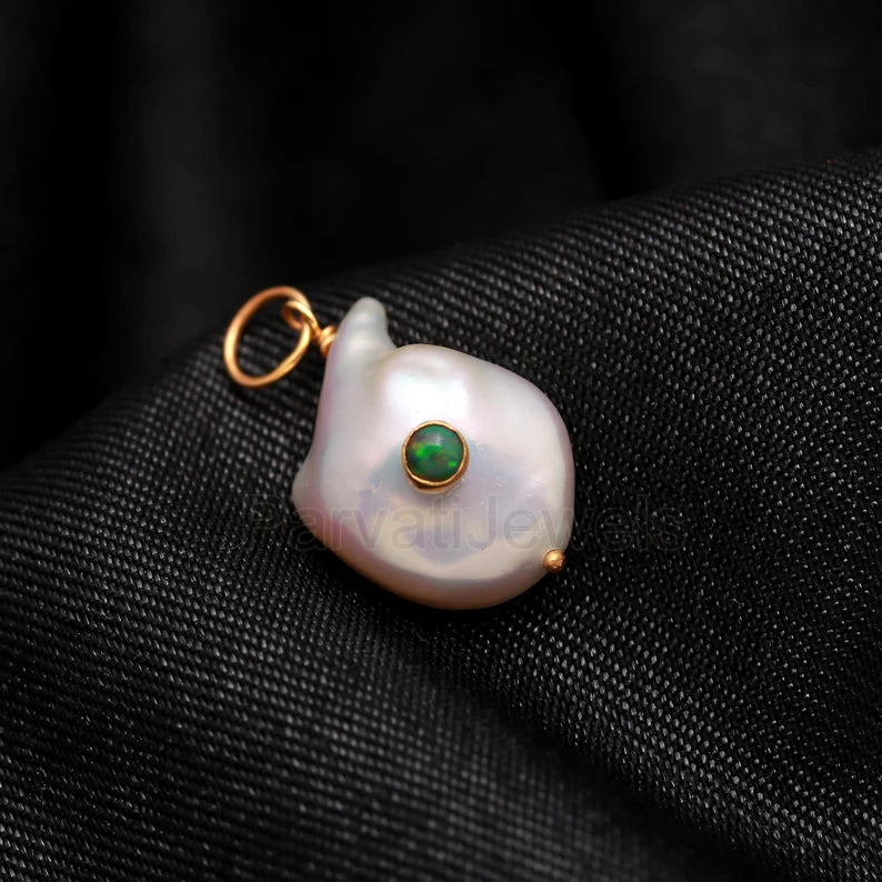 Natural Ethiopian Opal Pave Baroque Pearl Charm, 18k Solid Gold Charm, Natural Pearl Gold Charm, Pearl Charm Necklace, Pearl Charm Pendant