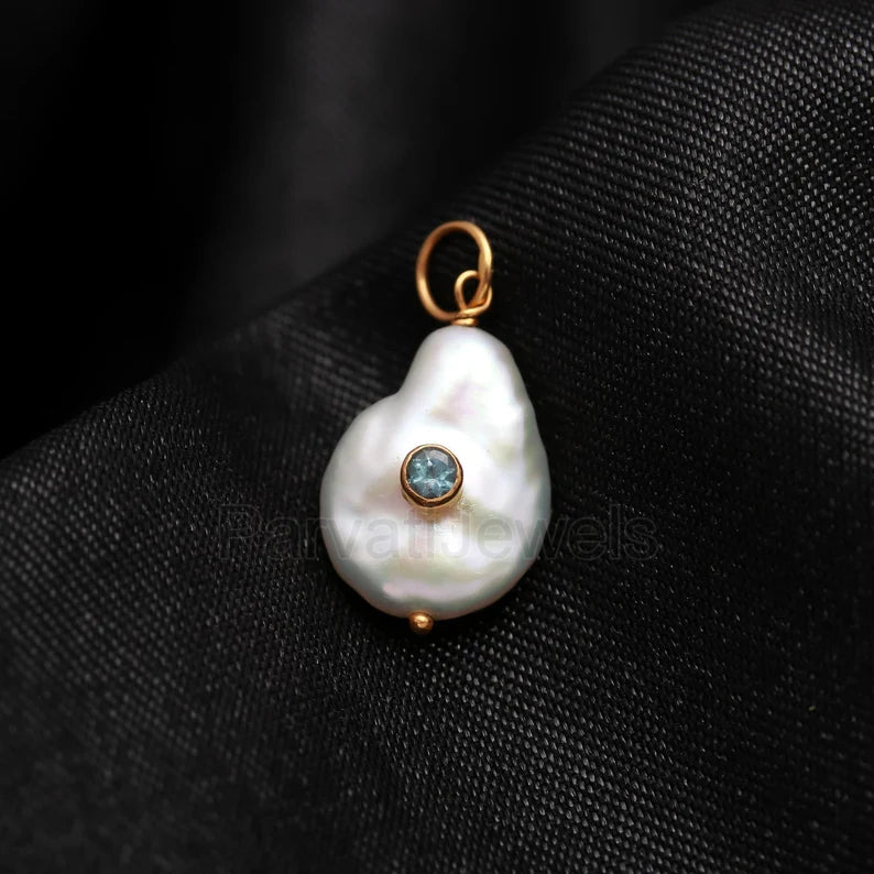 Natural Blue Topaz Pave Baroque Pearl Charm, 18k Solid Gold Charm, Natural Pearl Topaz Gold Charm, Pearl Charm Necklace, Topaz Charm Pendant