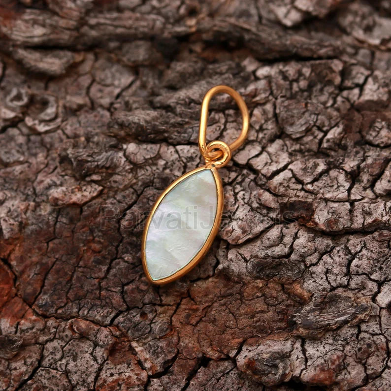 Natural Mother Of Pearl Charm, 18k Solid Gold Charm, Pearl Gold Charm , Pear Charm Pendant, June Birthstone Gold Charm, Handmade Gold Charm