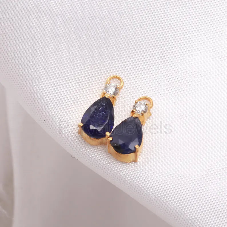 AA Natural Blue Sapphire With Moissanite Hoop Earrings, Solid 18k Gold Earrings, Sapphire Earrings, Birthstone Earrings, Wedding Earrings