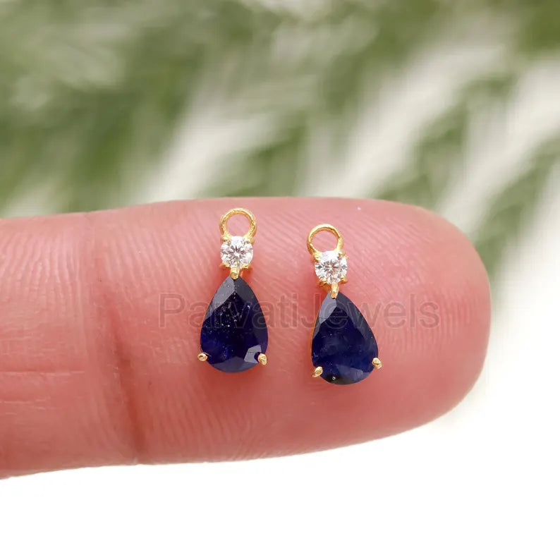 AA Natural Blue Sapphire With Moissanite Hoop Earrings, Solid 18k Gold Earrings, Sapphire Earrings, Birthstone Earrings, Wedding Earrings