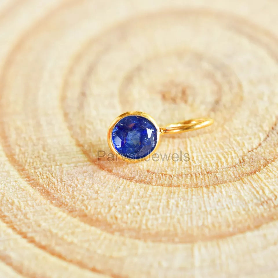 18K Solid Gold Natural Blue Sapphire Gemstone Charm Pendant, Round Shape Sapphire Gold Charm, September Birthstone, Made for gifting