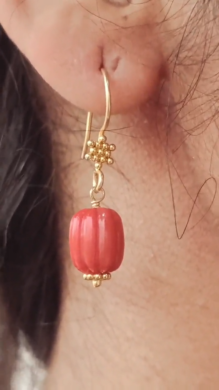 AA Red Coral Gemstone Earrings Collection, 18k Solid Gold Earrings, Coral Gold Earrings, Lab Created Coral 18k Gold Handmade Earrings