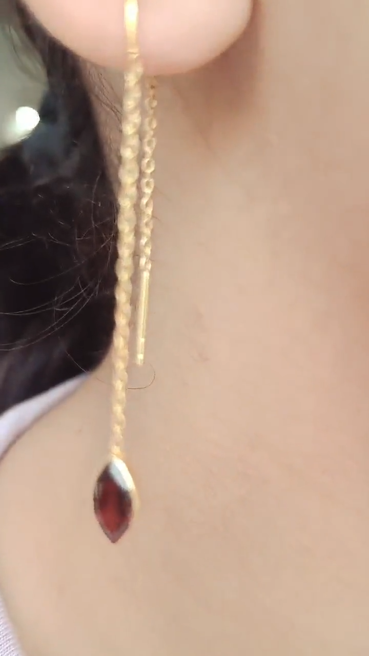 Natural Garnet Solid 18k Gold Earring, Handmade Gold Earring, Minimalist Hanging Earring, Thread Earring, Gift for Her, January Birthstone
