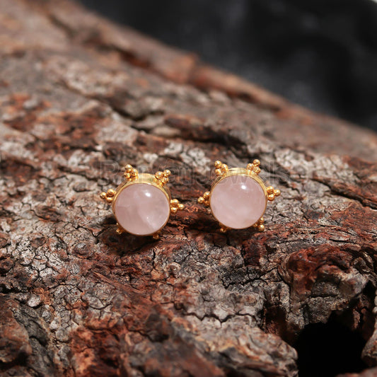 Natural Rose Quartz Stud Earrings, Solid 14k Gold Earrings, Rose Quartz Gold Earrings, Gold Stud Earrings, Handmade Gold Earrings,