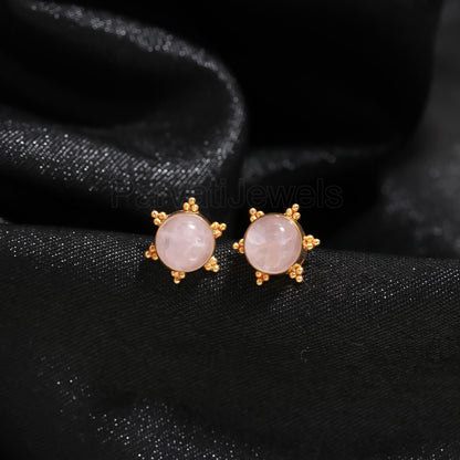 Natural Rose Quartz Stud Earrings, Solid 14k Gold Earrings, Rose Quartz Gold Earrings, Gold Stud Earrings, Handmade Gold Earrings,