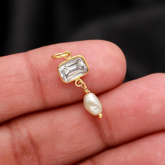 Natural Moissanite Pearl Charm, Solid 18k Gold Charm, Moissanite Charm Pendant, April Birthstone Charm, Handmade Gold Charm, Gift For Her