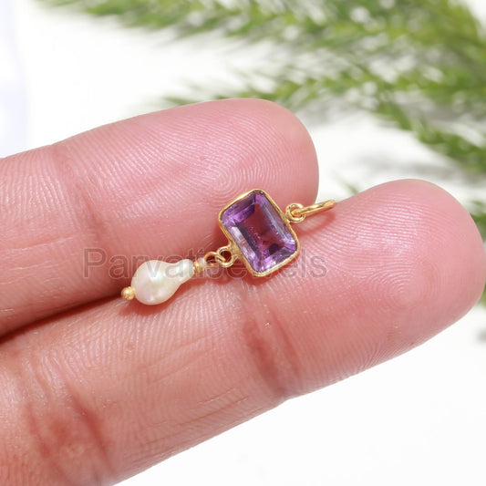 Natural Amethyst Pearl Charm, Solid 18k Gold Charm, Pearl Charm Pendant, Amethyst Birthstone Charm, Charm Necklace, Handmade Gold Charm,