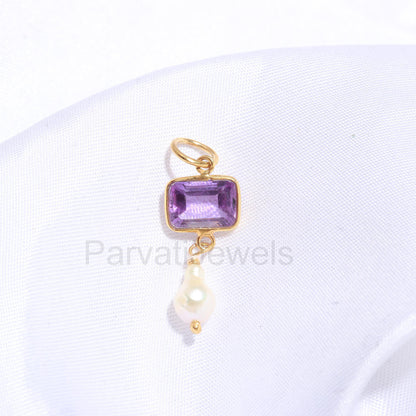 Natural Amethyst Pearl Charm, Solid 18k Gold Charm, Pearl Charm Pendant, Amethyst Birthstone Charm, Charm Necklace, Handmade Gold Charm,