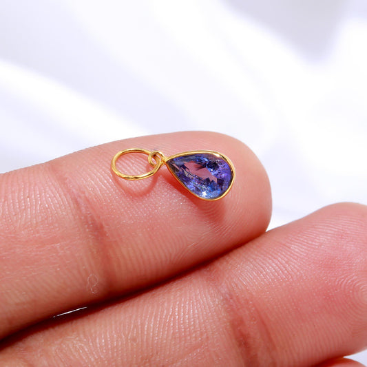 AA Natural Tanzanite Charm, Solid 18k Gold Charm, Handmade Gold Charm, December Birthstone Charm, Tanzanite Pear Charm, Minimalist Charm 18K