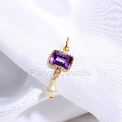 Natural Amethyst Pearl Charm, Solid 18k Gold Charm, Pearl Charm Pendant, Amethyst Birthstone Charm, Charm Necklace, Handmade Gold Charm,