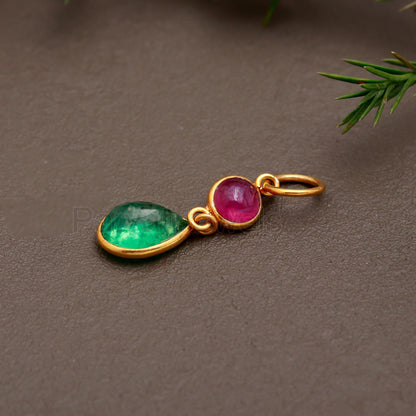 Natural Ruby Emerald Charm, Solid 18k Gold Charm, Ruby Charm Pendant, Emerald Gold Charm Pendant, July Birthday Charm, Handmade Gold Charm,