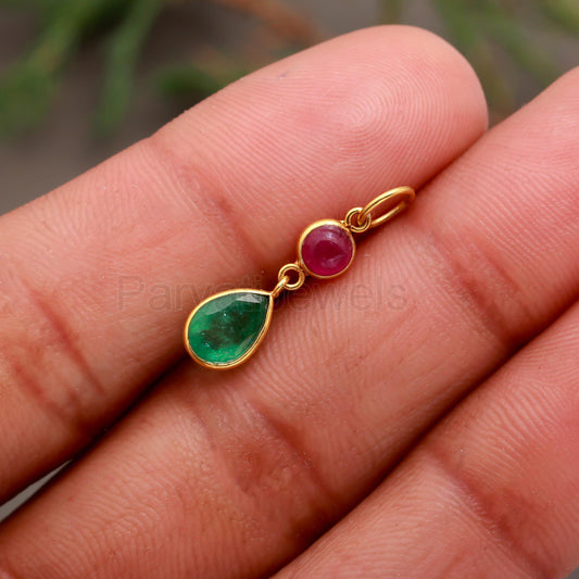 Natural Ruby Emerald Charm, Solid 18k Gold Charm, Ruby Charm Pendant, Emerald Gold Charm Pendant, July Birthday Charm, Handmade Gold Charm,