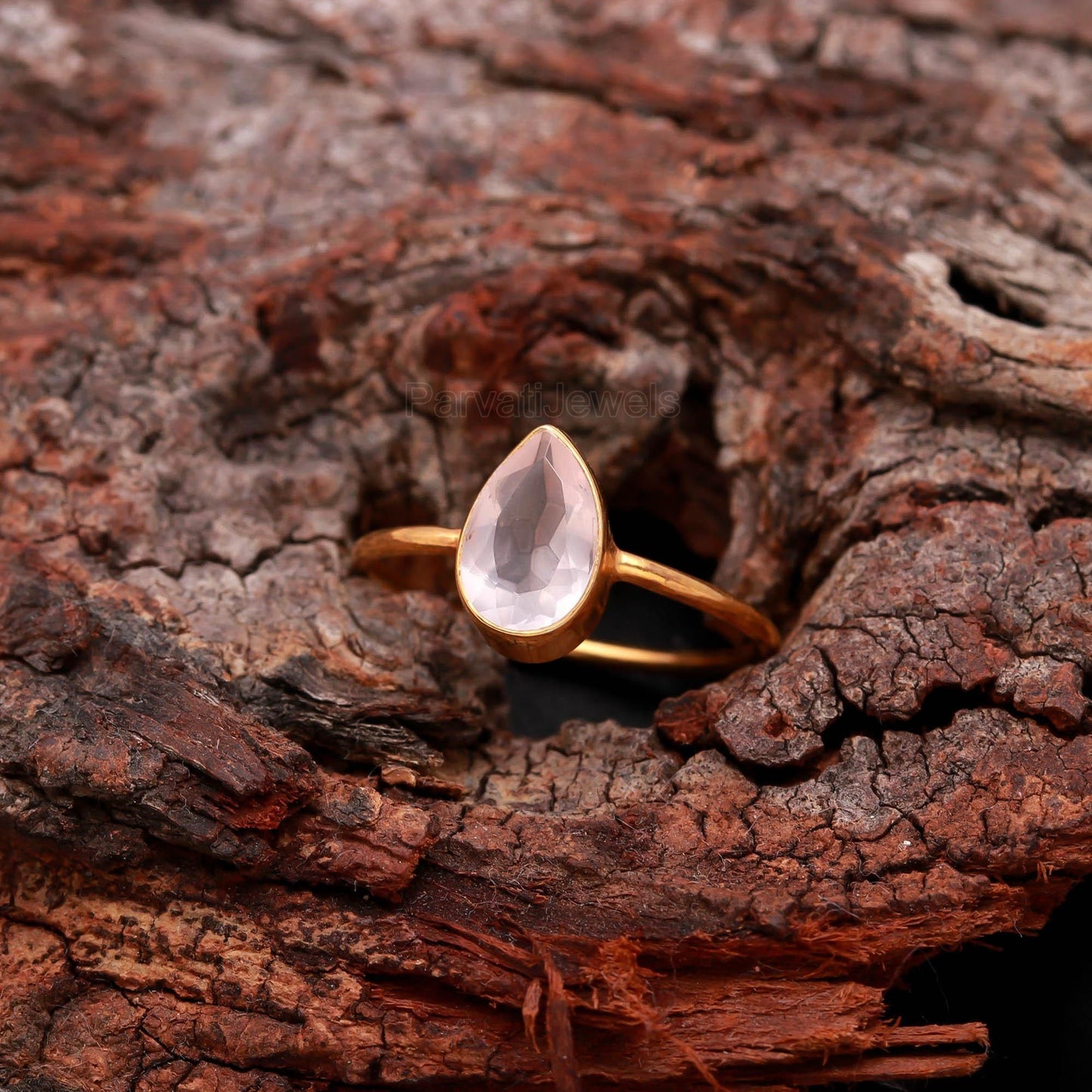 Genuine Rose Quartz Gold Ring, Handmade Gold Ring, Gift for her, January Birthstone, 18K Solid Gold Ring, Dainty Gold Ring