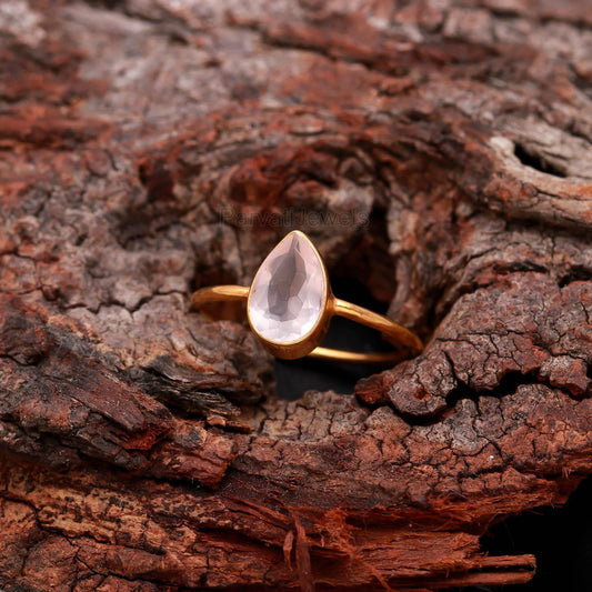 Genuine Rose Quartz Gold Ring, Handmade Gold Ring, Gift for her, January Birthstone, 18K Solid Gold Ring, Dainty Gold Ring