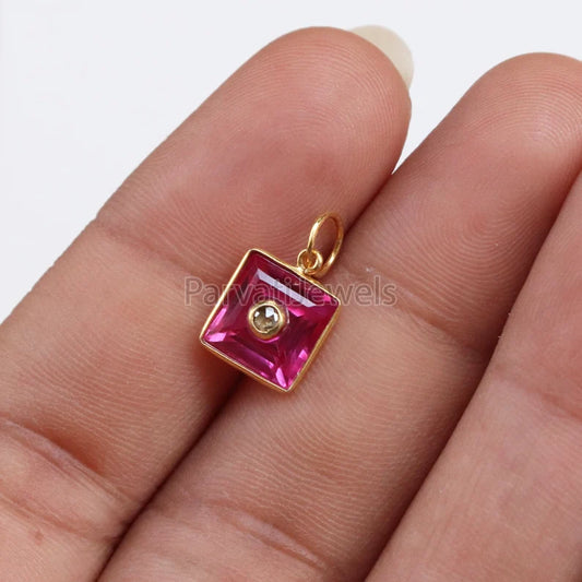 Lab-Created Ruby & Diamond Charm 18k Solid Gold Charm, Lab-Created Ruby Charm, Gold Charm, Ruby with Natural Diamond charm, SOLID 18K