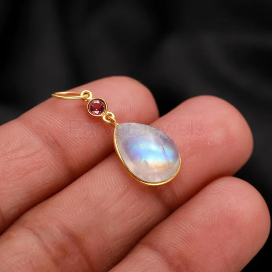 Natural Rainbow Moonstone With Tourmaline Charm, 18k Solid Gold Charm, Moonstone Charm, Gold Charm, Charm Pendant, Handmade Charm Necklace