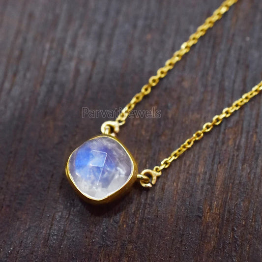 18" Inch Rainbow Moonstone With 18k Solid Gold Pendant Necklace, Natural Moonstone Gold Necklace, Gold Charm Necklace, Moonstone Gold Necklace, Handmade Gold Charm
