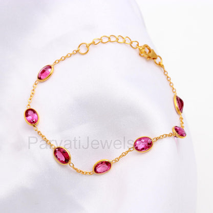 AA Natural Pink Tourmaline Bracelet, 18k Solid Gold Bracelets, Handmade Bracelets, Pink Tourmaline Bracelet, Gold Bracelet, Gift for her