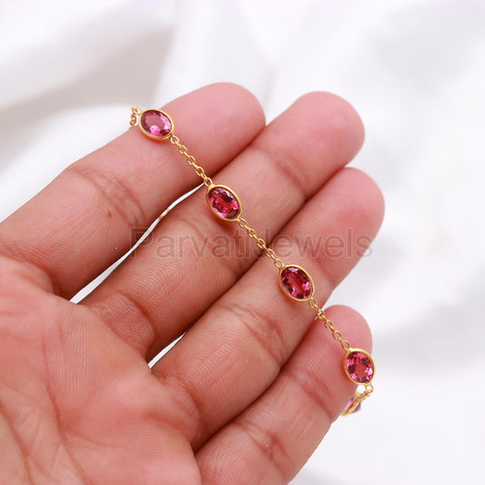 AA Natural Pink Tourmaline Bracelet, 18k Solid Gold Bracelets, Handmade Bracelets, Pink Tourmaline Bracelet, Gold Bracelet, Gift for her