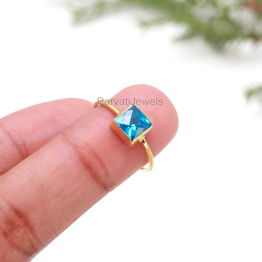 Unique Lab Created Blue Topaz Gold Ring, Handcrafted Ring, 18K Solid Gold Ring, Dainty Gold Ring, Topaz Gold Jewelry, Topaz Checker Cut Ring