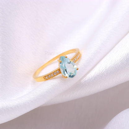 AA Natural Blue Topaz With Diamond Gold Ring, 14K Solid Gold Ring, Handcrafted Ring, Dainty Blue Topaz Gold Ring, December Birthstone