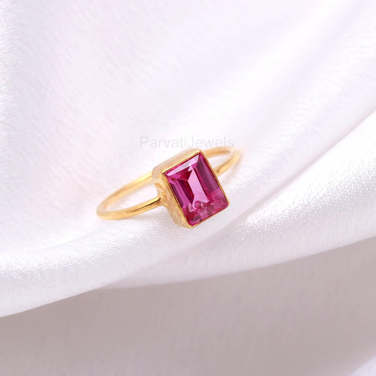 Lab Created Pink Tourmaline Gold Ring, 18K Solid Gold Ring, Handcrafted Ring, Dainty Gold Ring, October Birthstone, Tourmaline Gold Ring