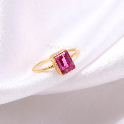 Lab Created Pink Tourmaline Gold Ring, 18K Solid Gold Ring, Handcrafted Ring, Dainty Gold Ring, October Birthstone, Tourmaline Gold Ring