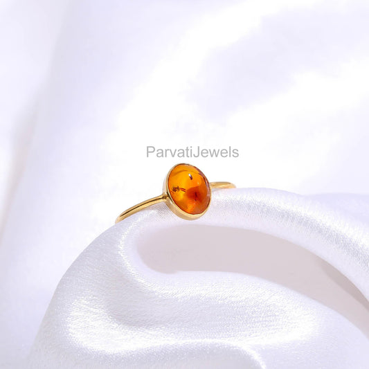Natural Amber Oval Ring, 18K Solid Gold Ring, Yellow Amber Gold Ring, November Birthstone, Handmade Ring, Minimalist Gold Ring, Dainty Ring