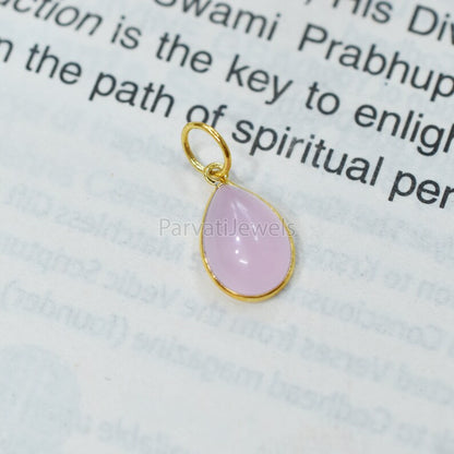 Natural Pink Chalcedony Solid Gold 18K Charm, 18k Solid Gold Charm, Tear Drop Shape Chalcedony Gold Charm Pendant, Handmade Charm For Gifting