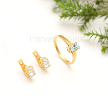 Natural Blue Topaz Silver 14k Gold Vermeil Ring and Earrings, Russian Lock Set Handmade Jewelry, Engagement Ring, Gift for her