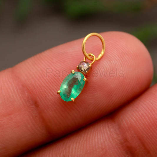 Natural Emerald Rose Cut Diamond Charm, Solid 18k Gold Charm, Zambian Emerald Charm, Charm Pendant, Rose Cut Diamond Charm, Handmade Charm