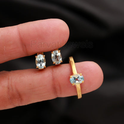 Natural Blue Topaz Silver 14k Gold Vermeil Ring and Earrings, Russian Lock Set Handmade Jewelry, Engagement Ring, Gift for her