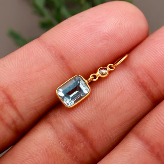 Natural Blue Topaz Rose Cut Diamond Charm, Solid 18k Gold Charm, Blue Topaz Charm, Gold Charm, Rose Cut Diamond Charm, Birthday Gift Charm