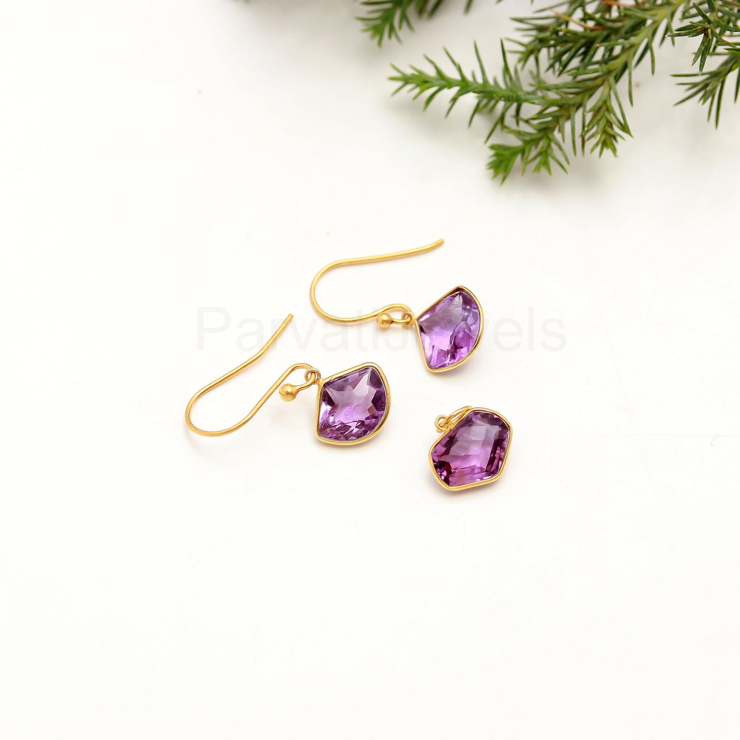 Natural Amethyst Earring Pendant Set, Fancy Shape Amethyst Dangle Earring, Solid 18K Gold Earring, Handmade Amethyst Jewelry, Gift for Her