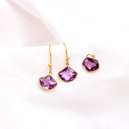 Natural Amethyst Earring Pendant Set, Fancy Shape Amethyst Dangle Earring, Solid 18K Gold Earring, Handmade Amethyst Jewelry, Gift for Her
