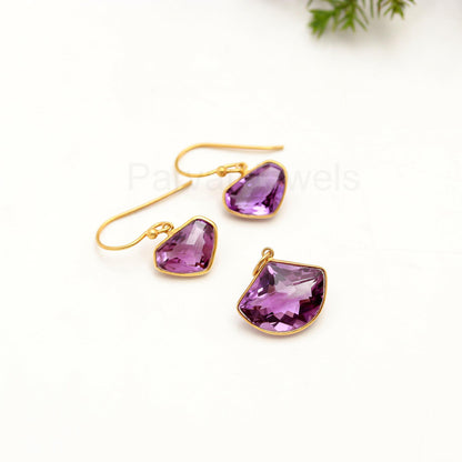 Natural Amethyst Earring Pendant Set, Amethyst Dangle Earring, Solid 18K Gold Earring, Handmade Gold Earring, Gift for Her, Amethyst Charm