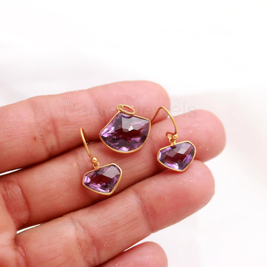 Natural Amethyst Earring Pendant Set, Amethyst Dangle Earring, Solid 18K Gold Earring, Handmade Gold Earring, Gift for Her, Amethyst Charm