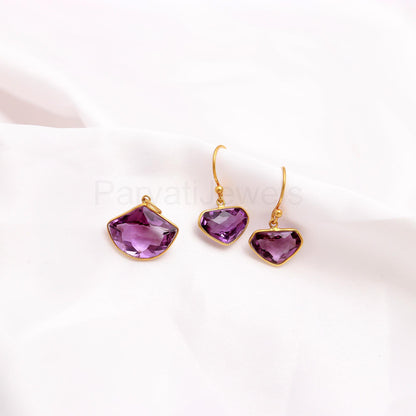 Natural Amethyst Earring Pendant Set, Amethyst Dangle Earring, Solid 18K Gold Earring, Handmade Gold Earring, Gift for Her, Amethyst Charm
