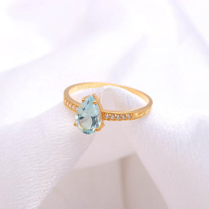 AA Natural Blue Topaz With Diamond Gold Ring, 14K Solid Gold Ring, Handcrafted Ring, Dainty Blue Topaz Gold Ring, December Birthstone