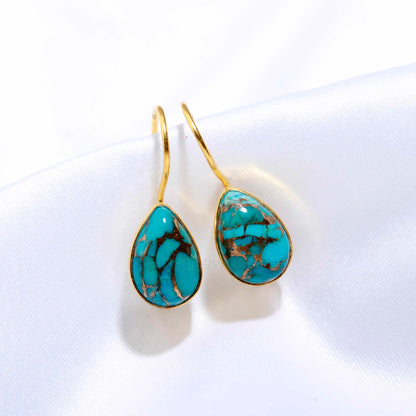 Natural Sky Copper Turquoise Gemstone Solid 14k Gold Earrings, Sky Copper Turquoise Gold Earrings, Dangle Drop Earrings, Handmade Earrings