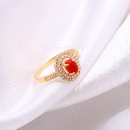 Natural Italian Coral With Diamond Gold Ring, 14K Solid Gold Ring, July Birthstone, Coral Gold Ring, Handcrafted Ring, Dainty Gold Ring,
