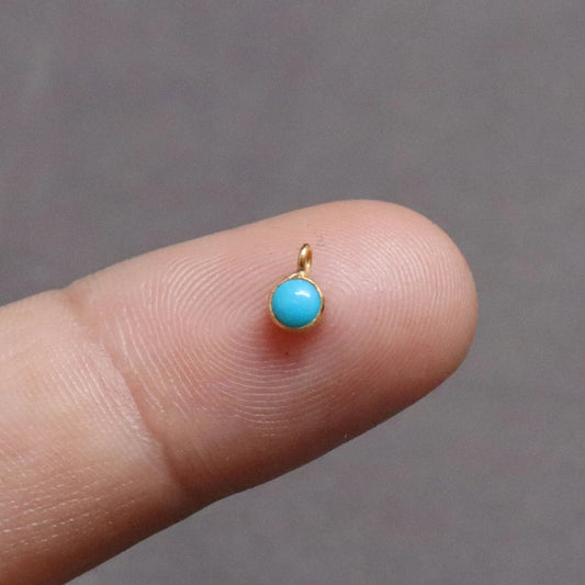 Natural Sleeping Beauty Turquoise 18K gold charm pendant, with/without bail.4 mm round . solid 18 carat yellow gold . LIGHT BLUE COLOUR