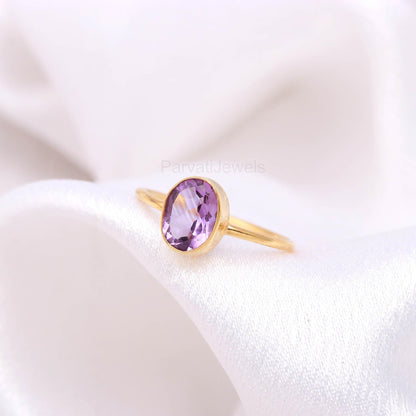 Natural Amethyst Gold Ring, Dainty Gold Ring, Handcrafted Gold Ring, Gift for her, February Birthstone, 18K Solid Gold Ring