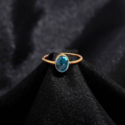 Natural Blue Topaz Oval Shaped Gold Ring, 18K Solid Gold Ring, Handmade Ring, Dainty Gold Ring, Topaz Gold Jewelry, Unique Topaz Ring