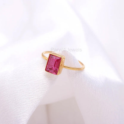 Lab Created Pink Tourmaline Gold Ring, 18K Solid Gold Ring, Handcrafted Ring, Dainty Gold Ring, October Birthstone, Tourmaline Gold Ring