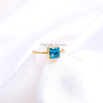 Unique Lab Created Blue Topaz Gold Ring, Handcrafted Ring, 18K Solid Gold Ring, Dainty Gold Ring, Topaz Gold Jewelry, Topaz Checker Cut Ring