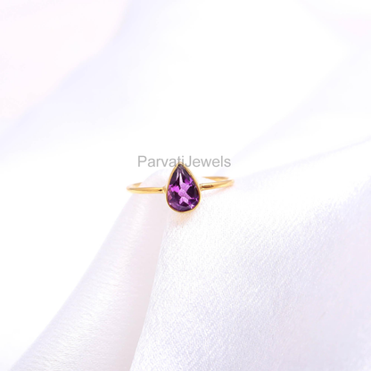 Natural Amethyst Pear Shaped Gold Ring, Handmade Gold Ring, 18k Solid Gold Ring, Gift For Her, Dainty Gold Ring, Minimalist Gold Ring
